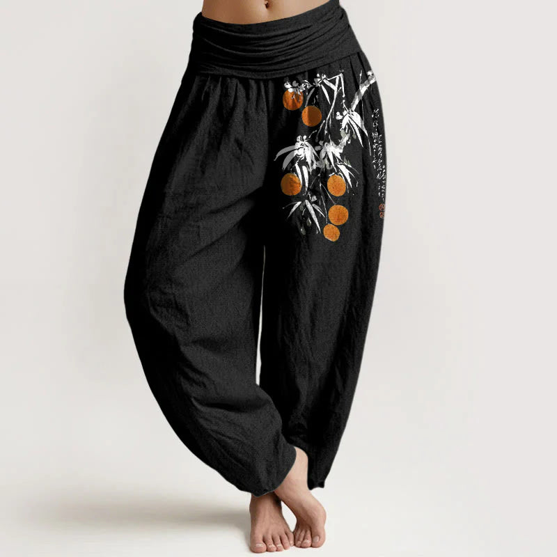 Buddha Stones Pure Cotton Brightly Colored Fruit Branches Pattern Women's Elastic Waist Harem Pants
