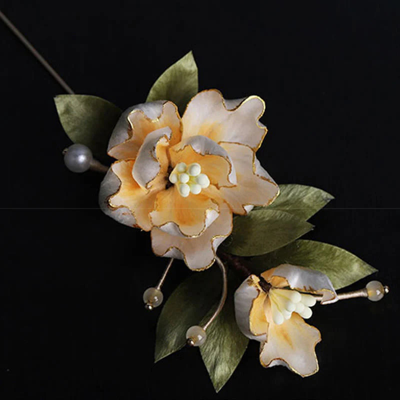 Buddha Stones Handcrafted Silk Art Golden Peony Flower Good Fortune Brooch