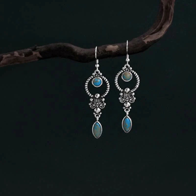 Buddha Stones 925 Sterling Silver Vintage Turquoise Waterdrop Pattern Balance Drop Dangle Earrings