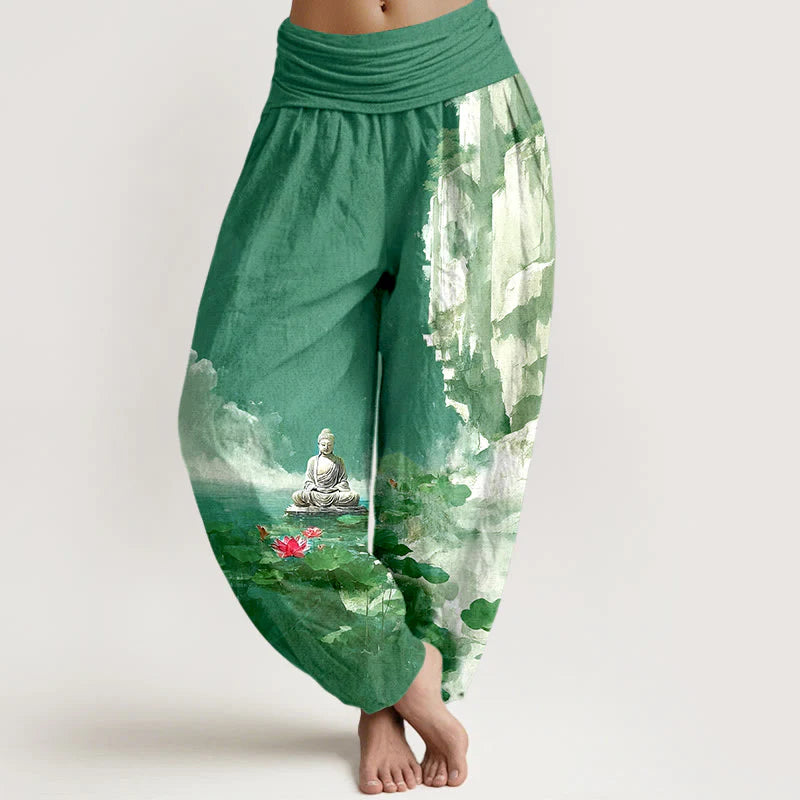 Buddha Stones Cotton Lotus Flower Leaf Rocks Water Surface Cloud Buddha Pattern Women's Elastic Waist Harem Pants