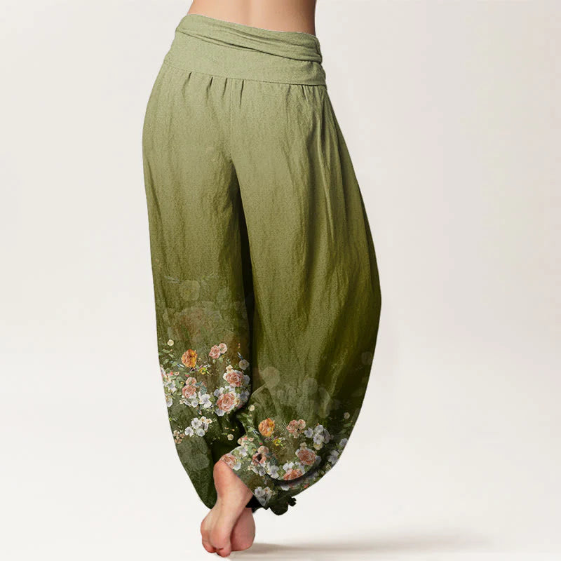 Buddha Stones Cotton Colorful Rose Flowers Design Women's Elastic Waist Harem Pants