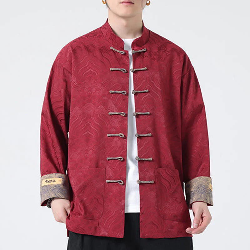 Buddha Stones Frog-Button Mountain Wave Pattern Long Sleeve Men's Cotton Jacket With Pockets