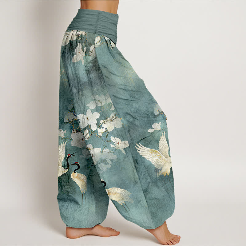 Buddha Stones Crane Blooming Flowers High Waist Women's Harem Pure Cotton Pants