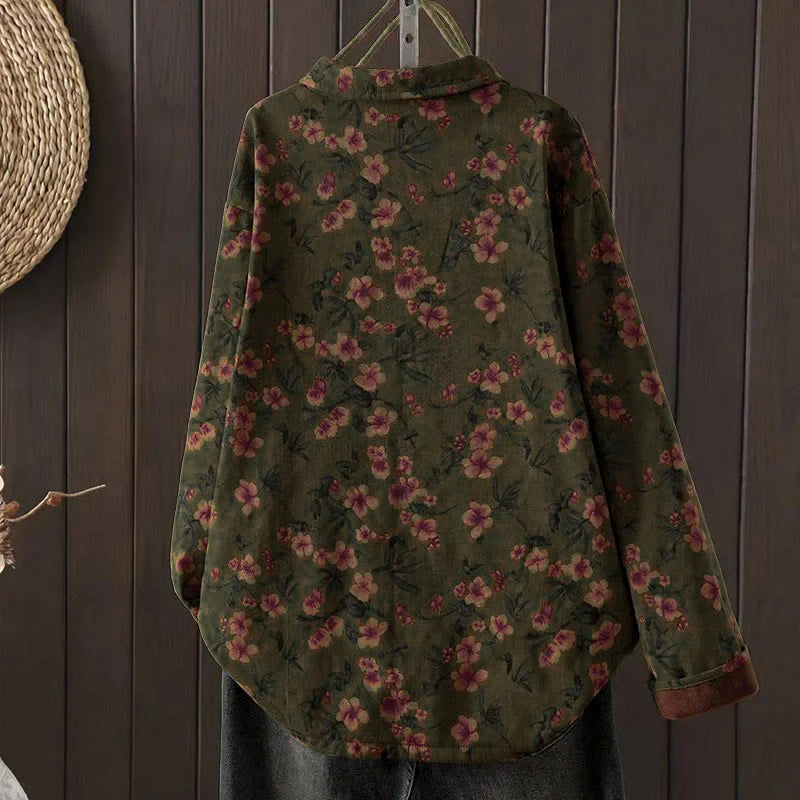 Buddha Stones Winter Flower Green Leaves Frog-Button Stand Collar Long Sleeve Women's Cotton Shirt