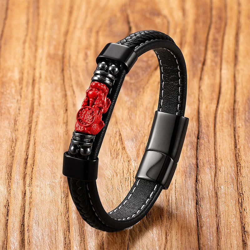 Buddha Stones Cinnabar Buddha Symbol Koi Fish Dragon Fu Character Pi Xiu Design Leather Blessing Bracelet