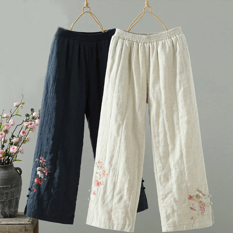 Buddha Stones Embroidered Frog Button Padded Women's Wide Leg Pants With Pockets