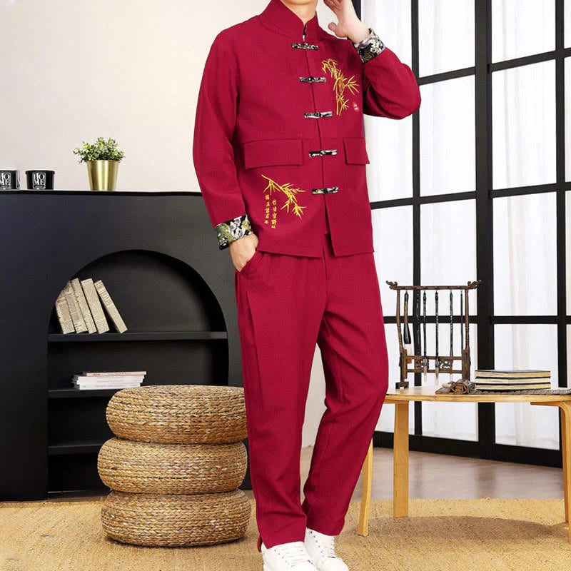 Buddha Stones 2Pcs Tang Suit Bamboo Frog-Button Men's Long Sleeve Shirt Pants Clothing Set