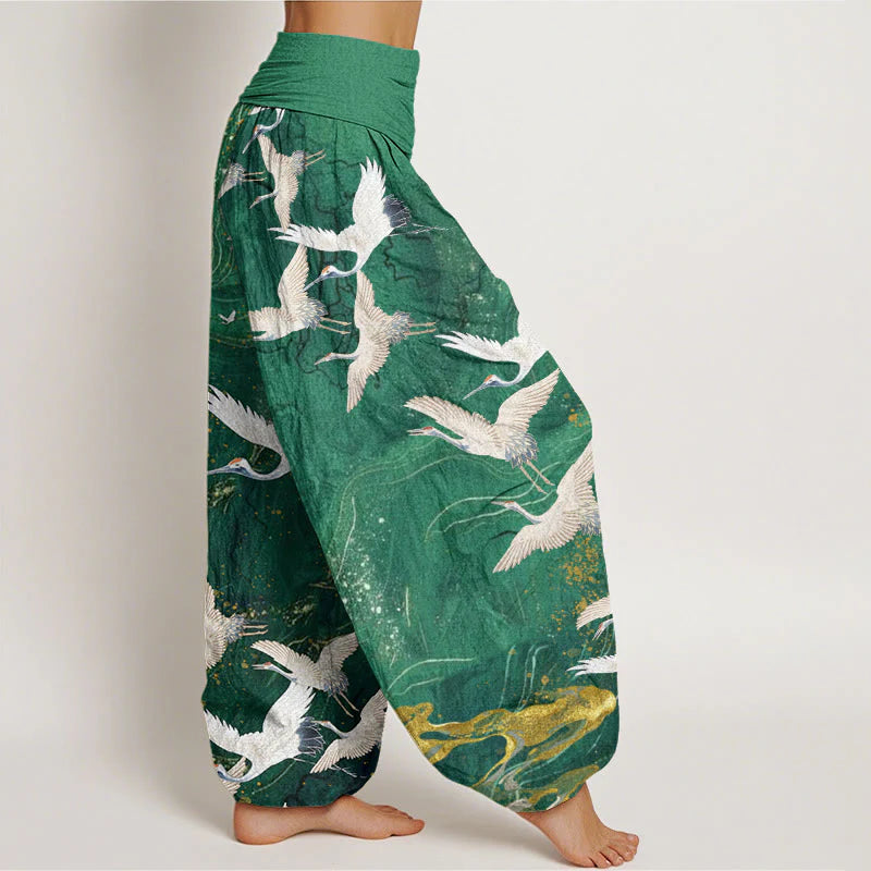 Buddha Stones Cotton Flying White Cranes Auspicious Clouds Design Women's Elastic Waist Harem Pants