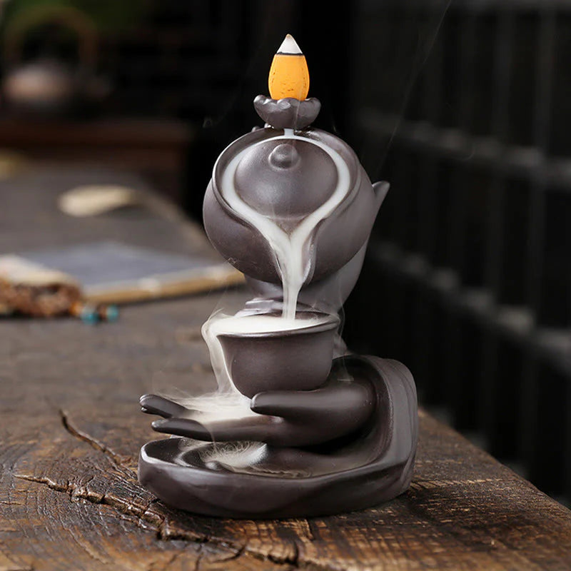 Buddha Stones Buddha Hand Holding Teapot Cup Ceramic Backflow Smoke Fountain Healing Incense Burner Decoration