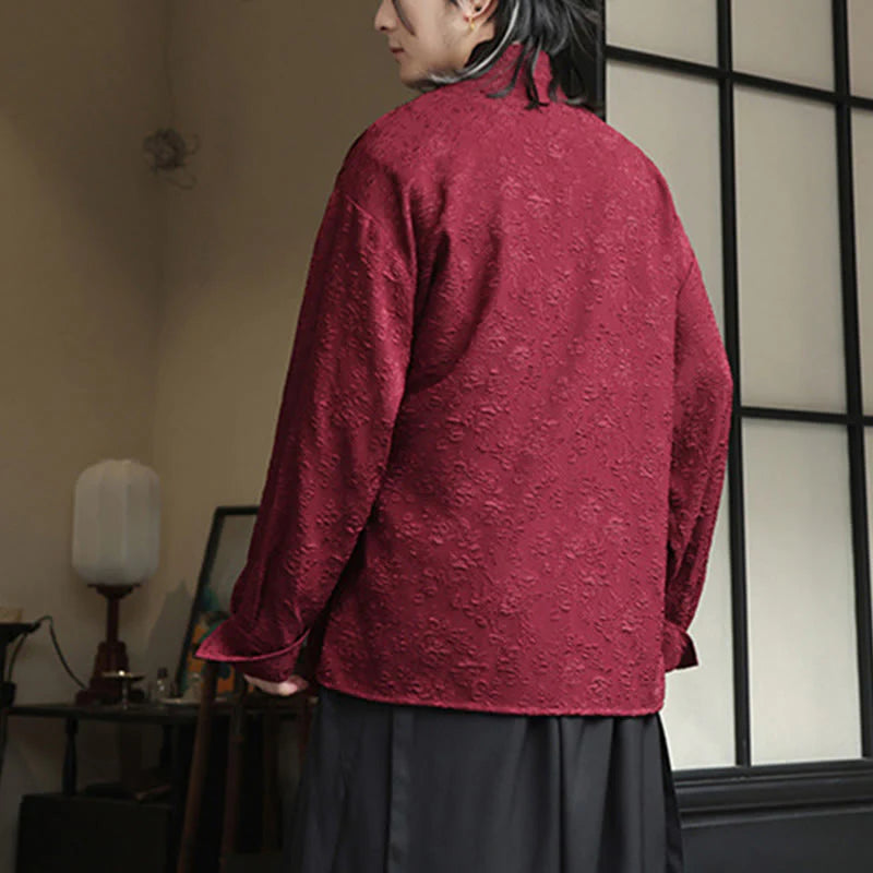Buddha Stones Spring V-Neck Floral Men's Lace-up Design Long Sleeve Shirt
