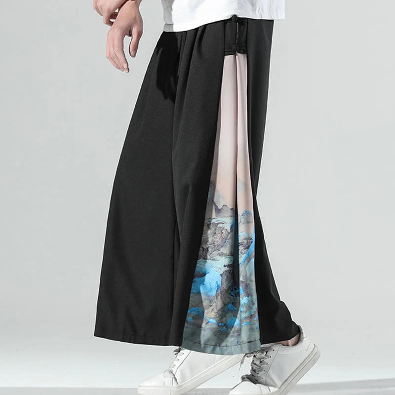 Buddha Stones Mountains Rivers Pattern Men's Wide Leg Pants With Pockets