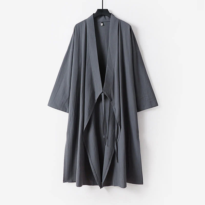 Buddha Stones 2Pcs Wudang Fall Solid Long Sleeve Men's Taoist Long Robe Sleeveless Vest Lace-up Kimono Ceremony Suit