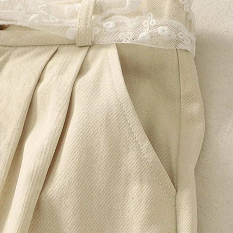Buddha Stones Daily Solid Color Lace Belt Women's Wide Leg Cotton Pants With Pockets