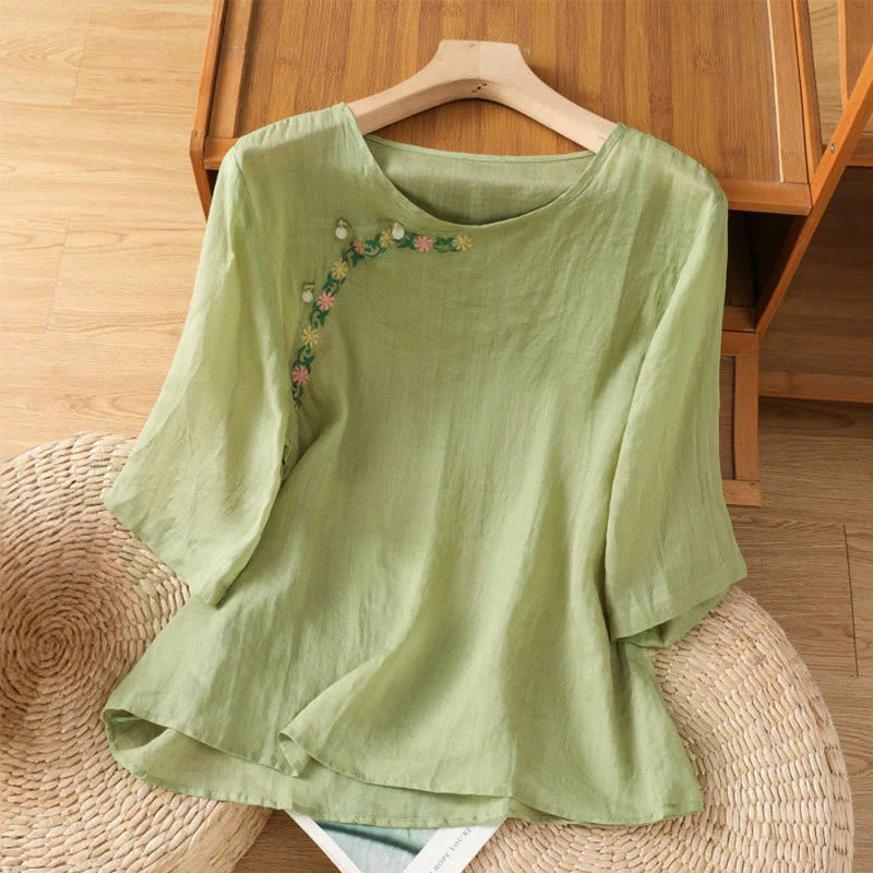 Buddha Stones Casual Embroidery Flowers Cotton Polyester Half Sleeve Women's Crew Neck Shirt