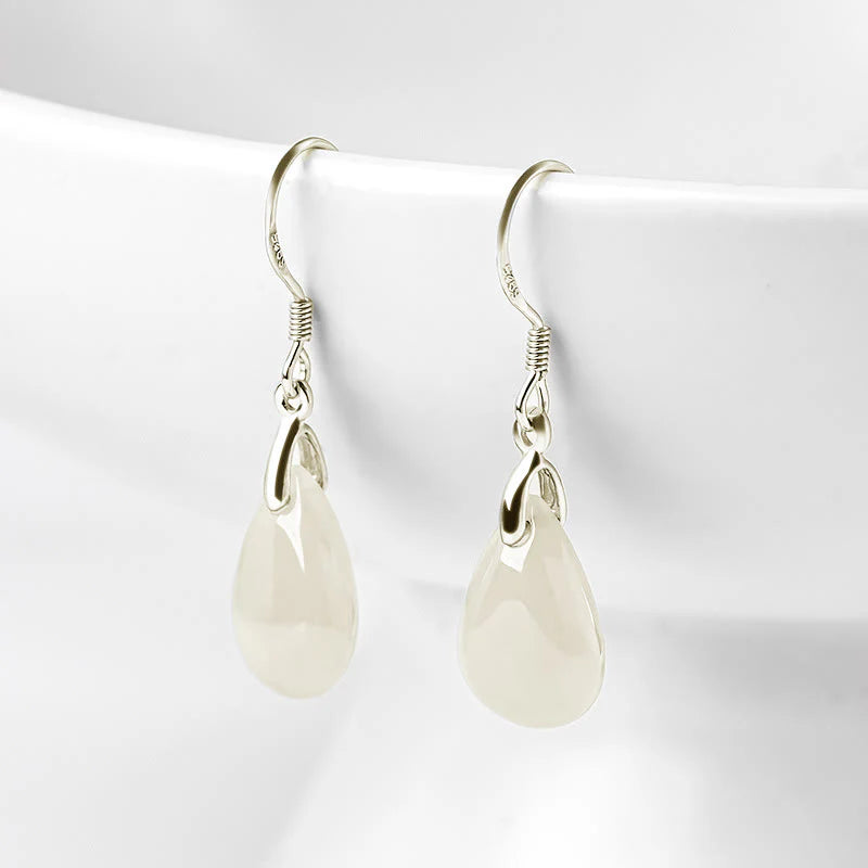 Buddha Stones 925 Sterling Silver Jade Water Drop Pattern Luck Prosperity Dangle Earrings