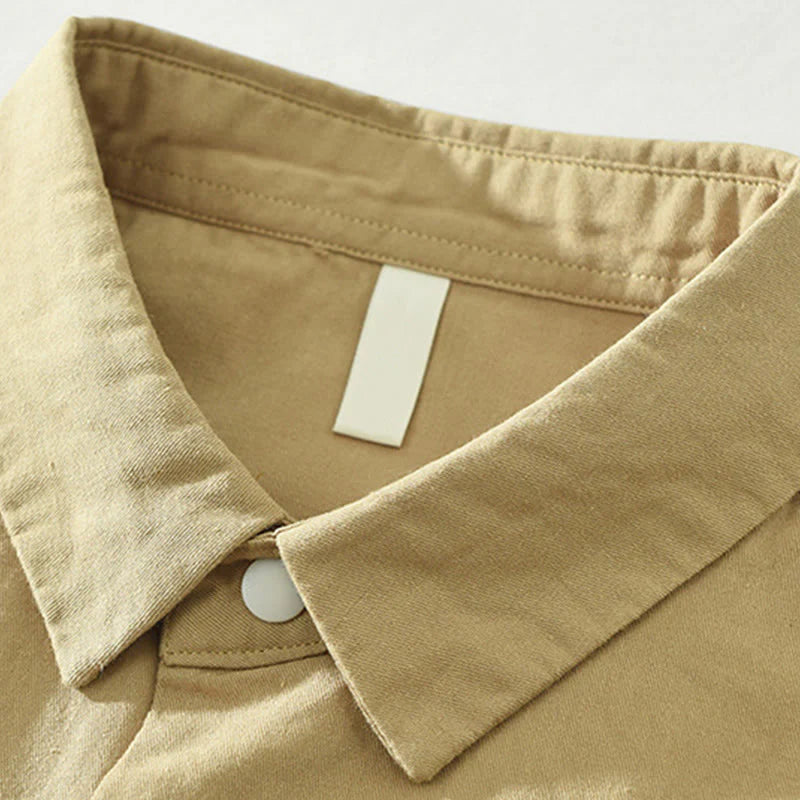 Buddha Stones Simple Solid Color Buttons Down Men's Stand Collar Long Sleeve Cotton Shirt