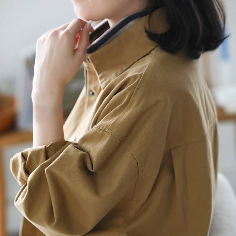 Buddha Stones Vintage Casual Pure Color Lapel Women's Cotton Jacket With Pockets