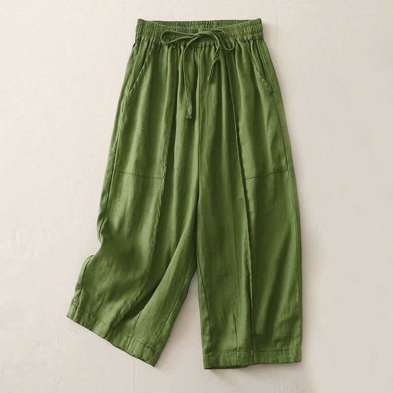 Buddha Stones Casual Plain Solid Color Patchwork Women's Polyester 7-8 Length Wide Leg Pants With Pockets