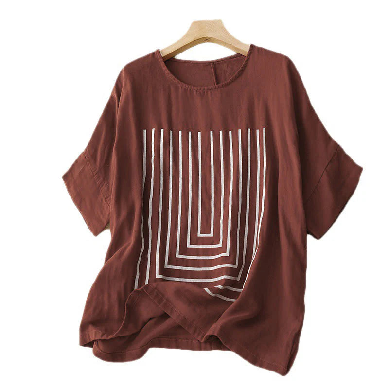 Buddha Stones Casual Line Printing Pattern Short Sleeve Cotton Linen Women's T-Shirt