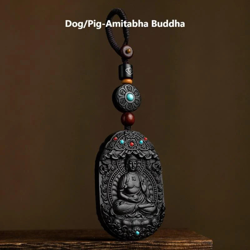Buddha Stones Chinese Zodiac Natal Buddha Year of the Horse Om Mani Padme Hum Lotus Ebony Blessing Key Chain