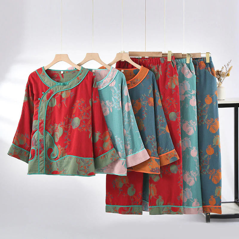 Buddha Stones 2pcs Patchwork Long Sleeve Frog-Button Shirt Pants With Pockets Pure Cotton Set