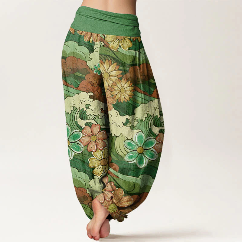 Buddha Stones Cotton Colorful Ocean Wave Various Flower Pattern Women's Elastic Waist Harem Pants