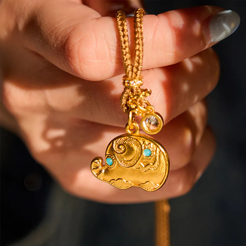 Buddha Stones 24k Gold Plated Brass Elephant Symbol Braided Cord Strength Necklace Pendant