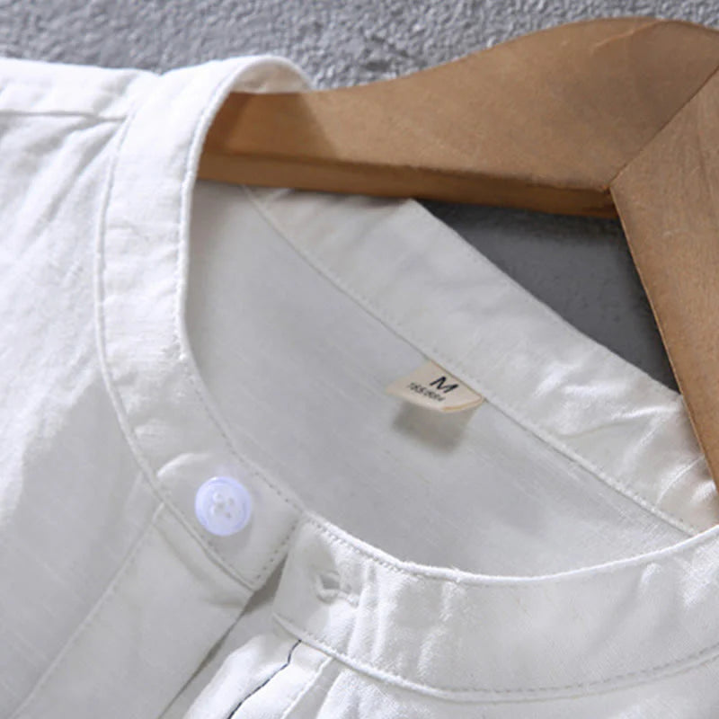 Buddha Stones Spring Pure Color Half Buttons Design Stand Collar Men's Short Sleeve Linen Shirt With Pocket