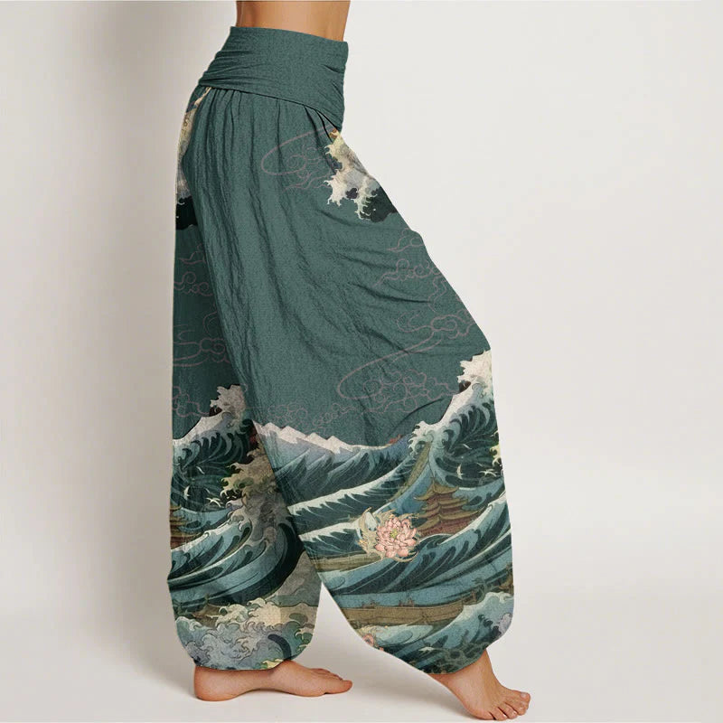 Buddha Stones Cotton Casual Blooming Lotuse Wave Pavilion Pattern Women's Elastic Waist Harem Pants
