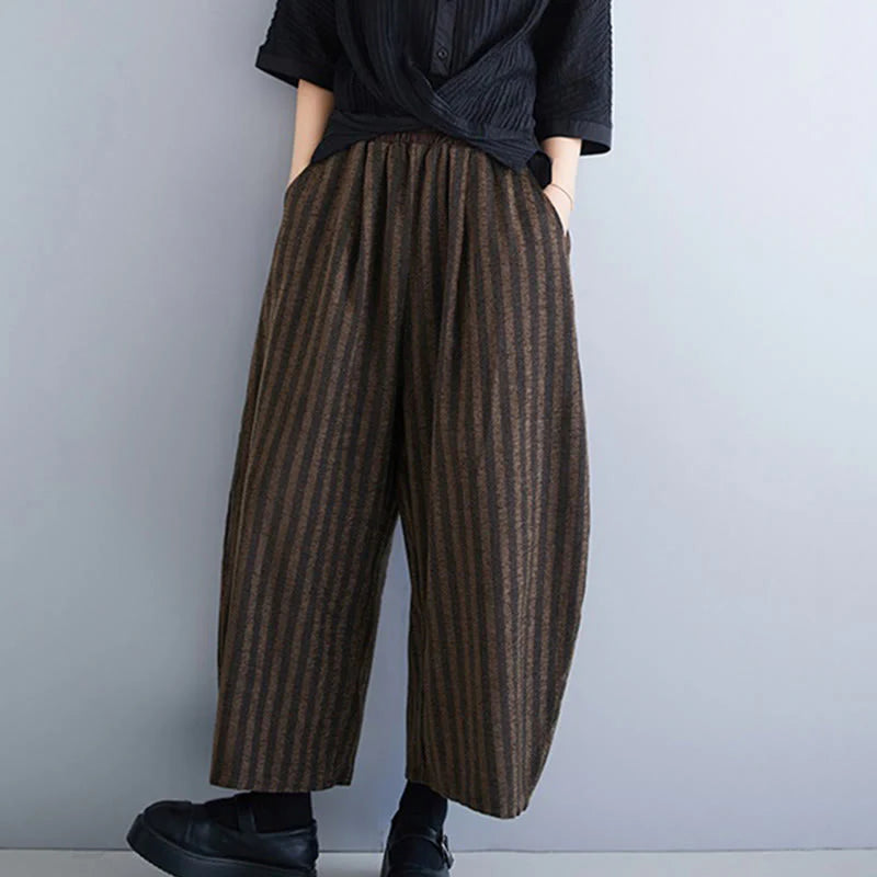 Buddha Stones Casual 7-8 Length Corduroy Stripes Women's Polyester Wide Leg Pants With Pockets
