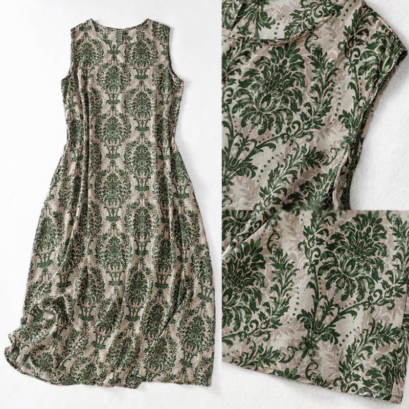 Buddha Stones Commute Summer Printing Simple Design Crew Neck Sleeveless Maxi Dress