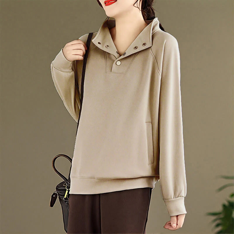 Buddha Stones Fall Solid Stand Collar Buttons Design Long Sleeve Women's Cotton Sweatshirt