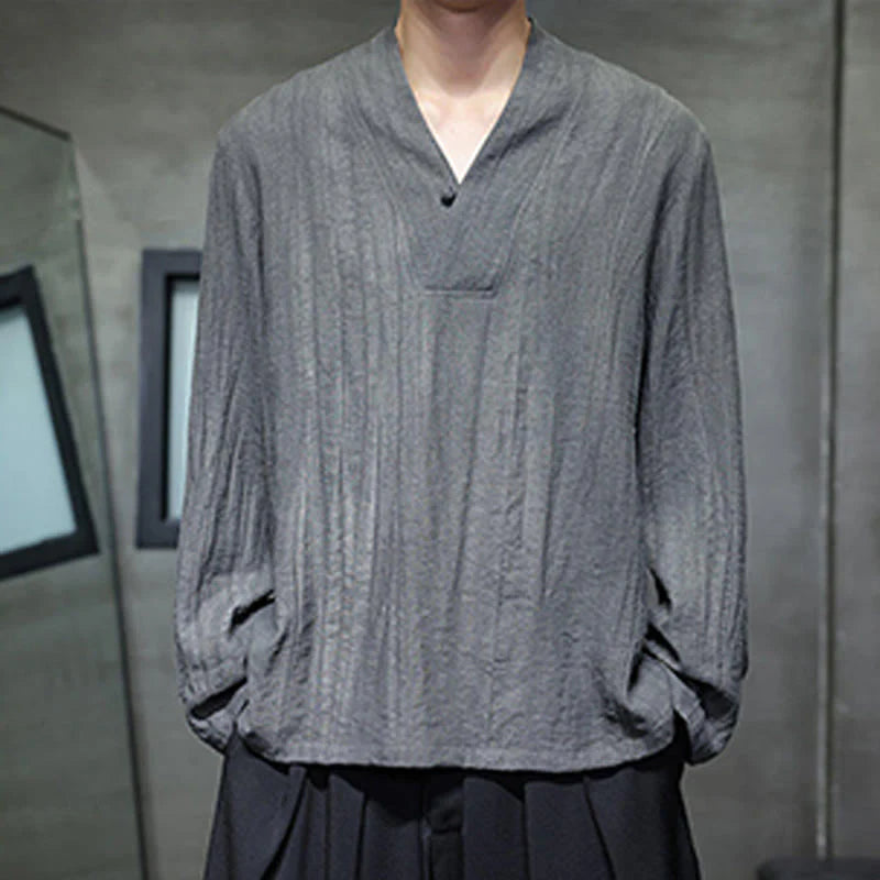 Buddha Stones Plain V-Neck Long Sleeve Men's Linen Shirt
