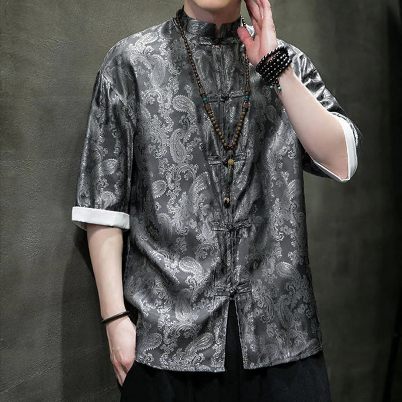 Buddha Stones Summer Cashew Flowers Pattern Men's Frog-Button Half Sleeve Shirts
