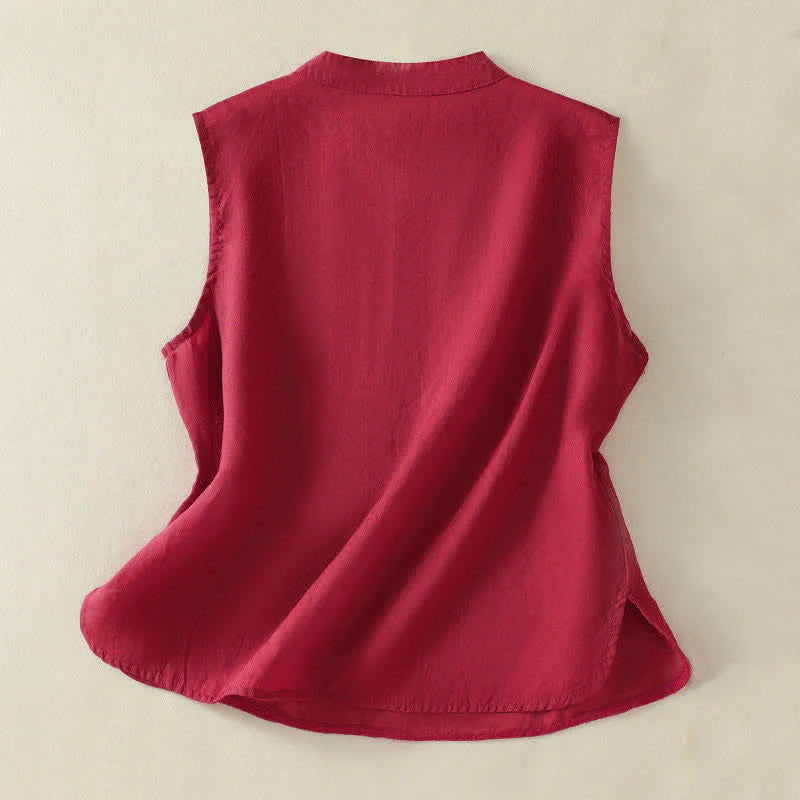Buddha Stones Summer Retro Plain Frog-Button Stand Collar Women's Sleeveless Vest