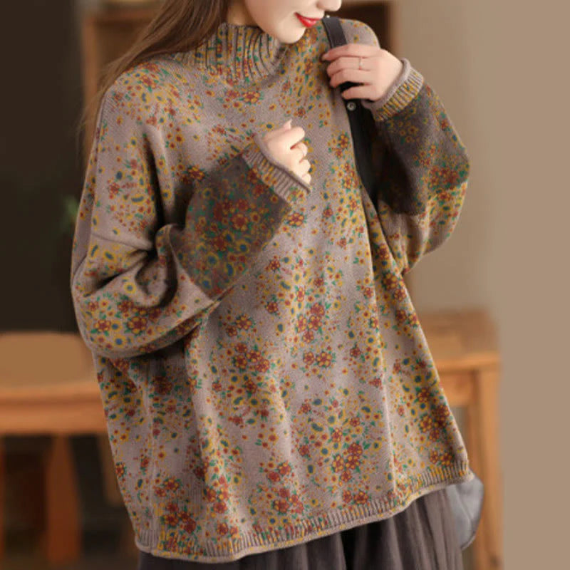 Buddha Stones Fall Printing Floral Long Sleeve Mock Neck Women's Knitted Cotton Sweater
