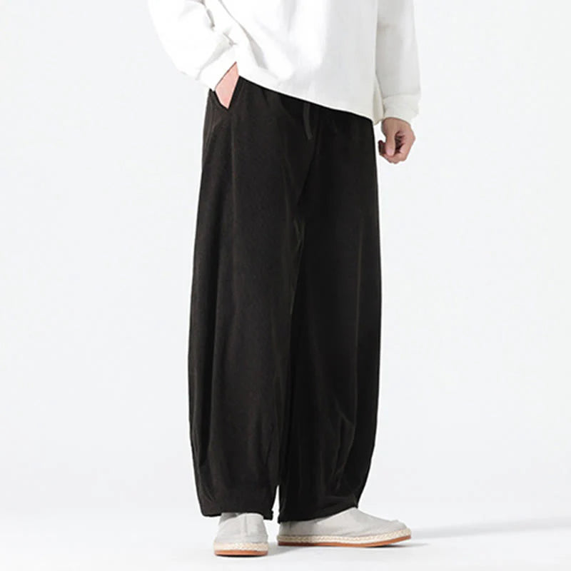Buddha Stones Spring Pure Color Drawstring Design Corduroy Cotton Men's Harem Pants With Pockets