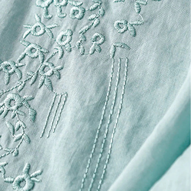 Buddha Stones Casual Women's Embroidered Flower V-neck Design Loose Half Sleeve Cotton Linen Shirt
