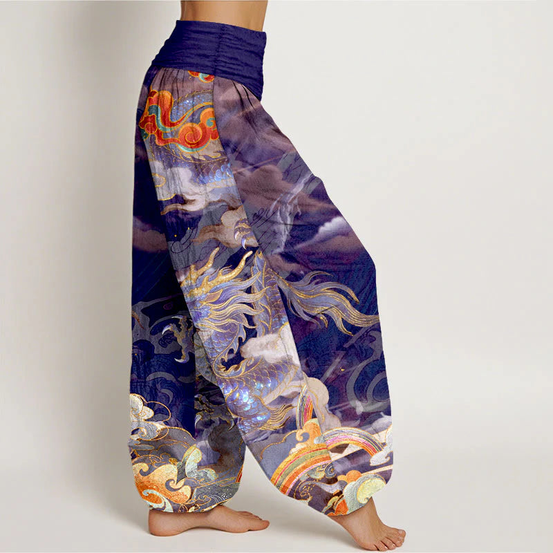 Buddha Stones Pure Cotton Gorgeous Dragon Cloud Rainbow Pattern Women's Elastic Waist Harem Pants
