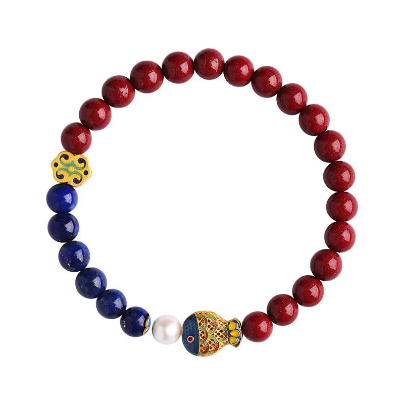 Buddha Stones Cinnabar Lapis Lazuli Koi Fish Ruyi Cloud Charm Blessing Beaded Bracelet