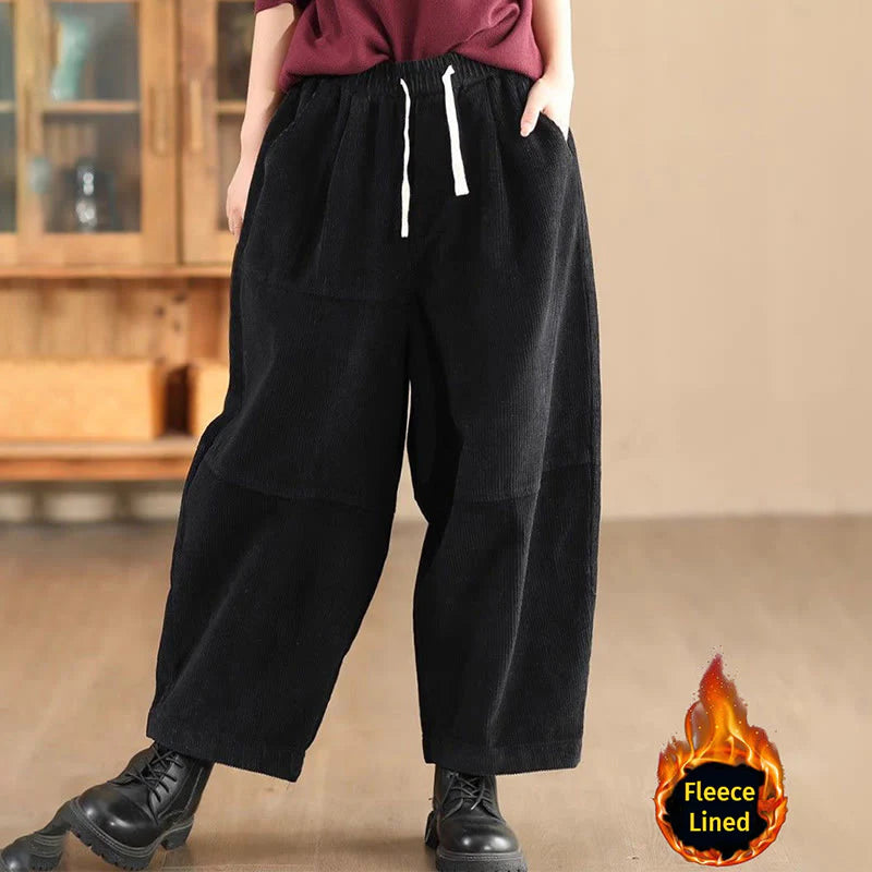 Buddha Stones Women's Drawstring Design Cotton Corduroy Thermal Fleece-Lined Pants With Pockets