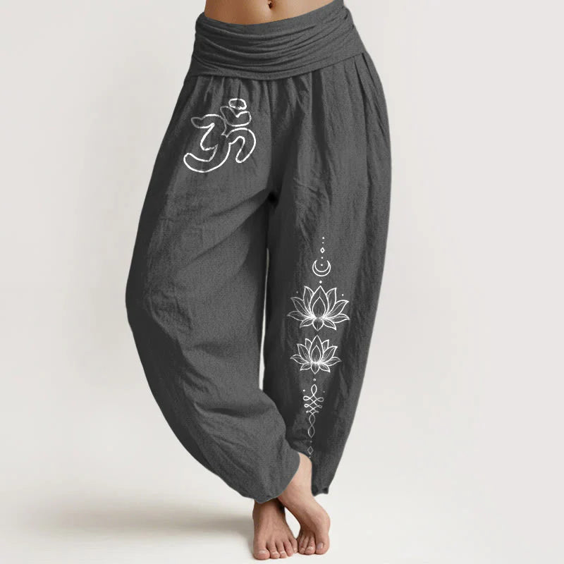 Buddha Stones Pure Cotton Minimalist Design Om Symbol Lotus Moon Pattern Women's Elastic Waist Harem Pants