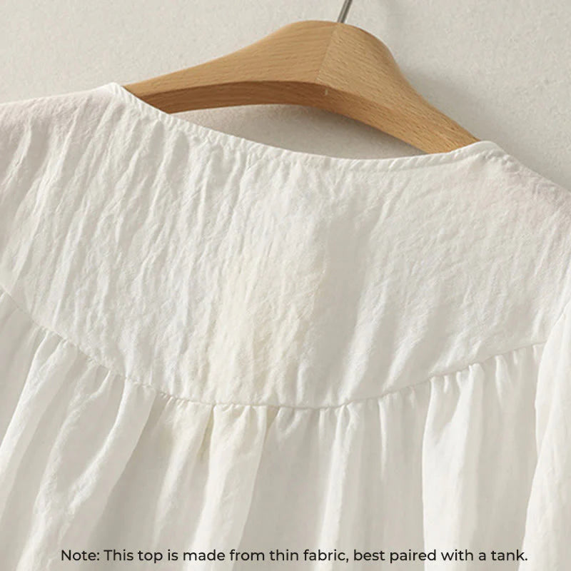 Buddha Stones White Buttons Ruffled Long Sleeve Women's Cotton Shirt