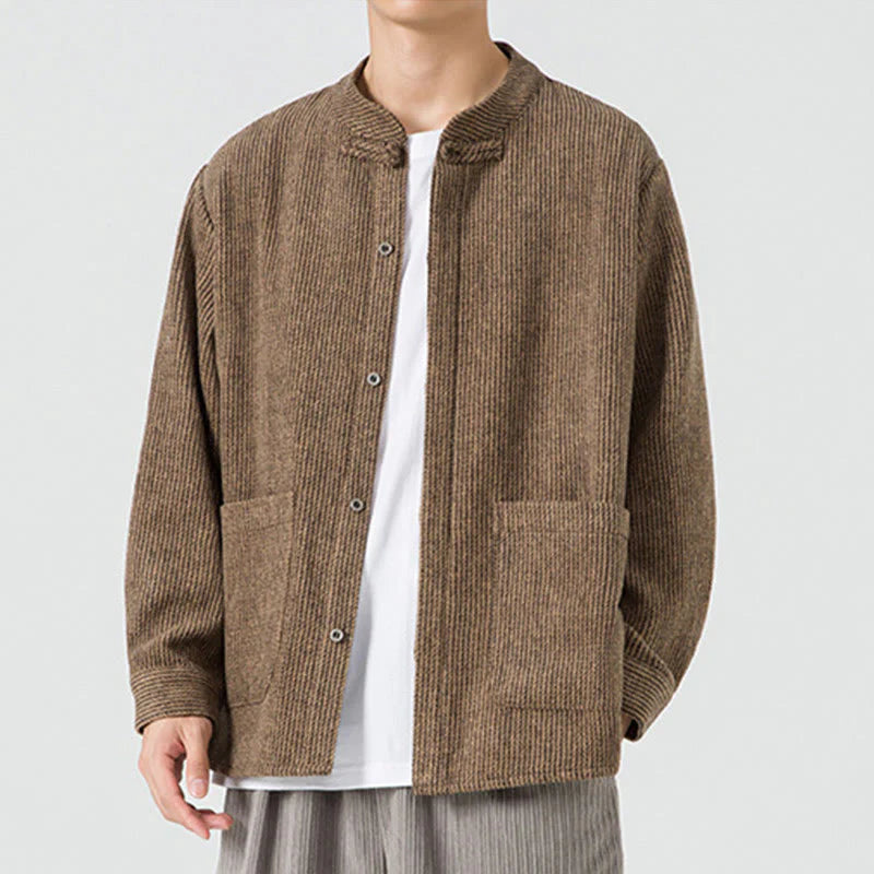 Buddha Stones Solid Color Frog-Button Long Sleeve Men's Cotton Corduroy Jacket With Pockets