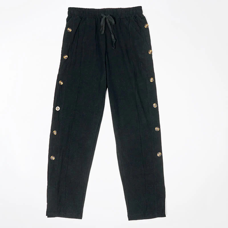 Buddha Stones Solid Color Side Buttons Men's Cotton Pants With Pockets