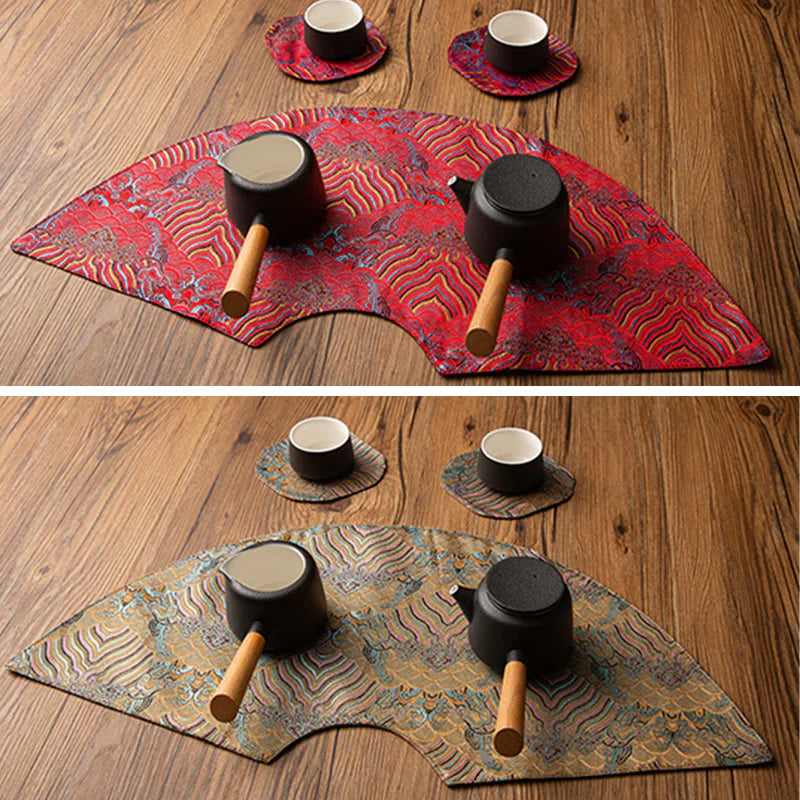 Buddha Stones Vintage Sea Wave Bamboo Plum Blossom Embroidered Cup Mat Pad Tea Cup Coaster Kung Fu Tea Mat