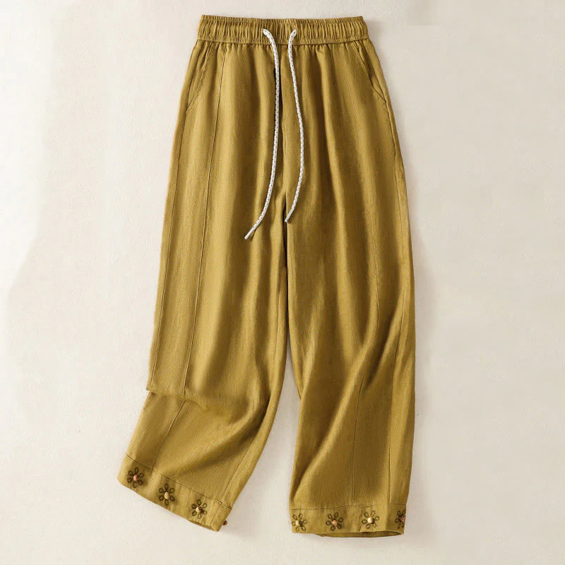 Buddha Stones Casual Embroided Bead Drawstring Women's Wide Leg Cotton Pants With Pockets