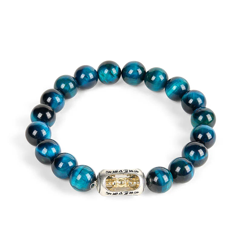 Buddha Stones Natural Blue Tiger Eye Om Mani Padme Hum Strength Bracelet