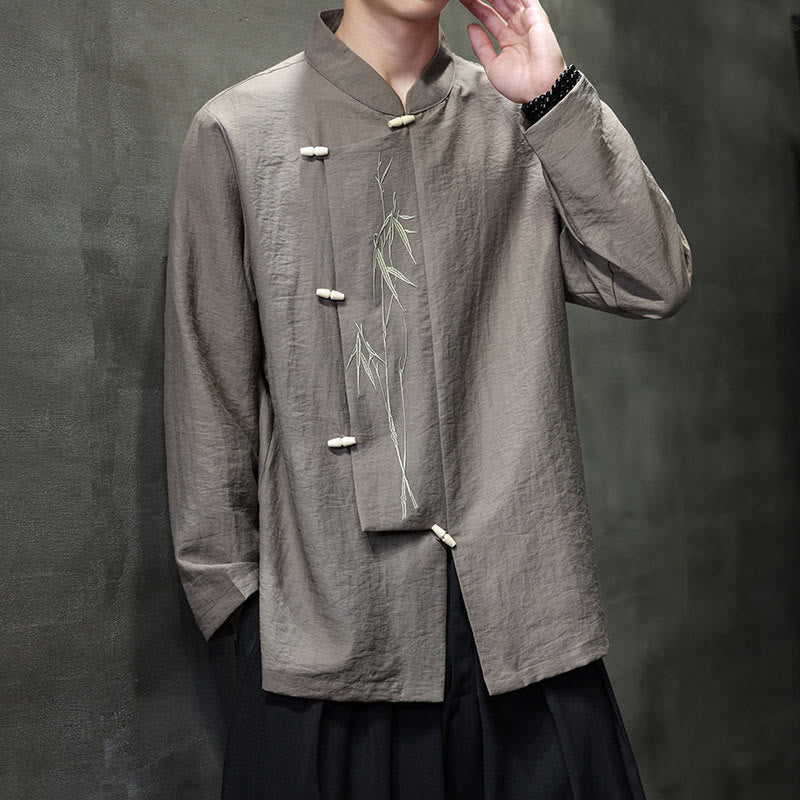 Buddha Stones Fall Solid Color Bamboo Leaf Embroidery Men's Long Sleeve Cotton Linen Shirt