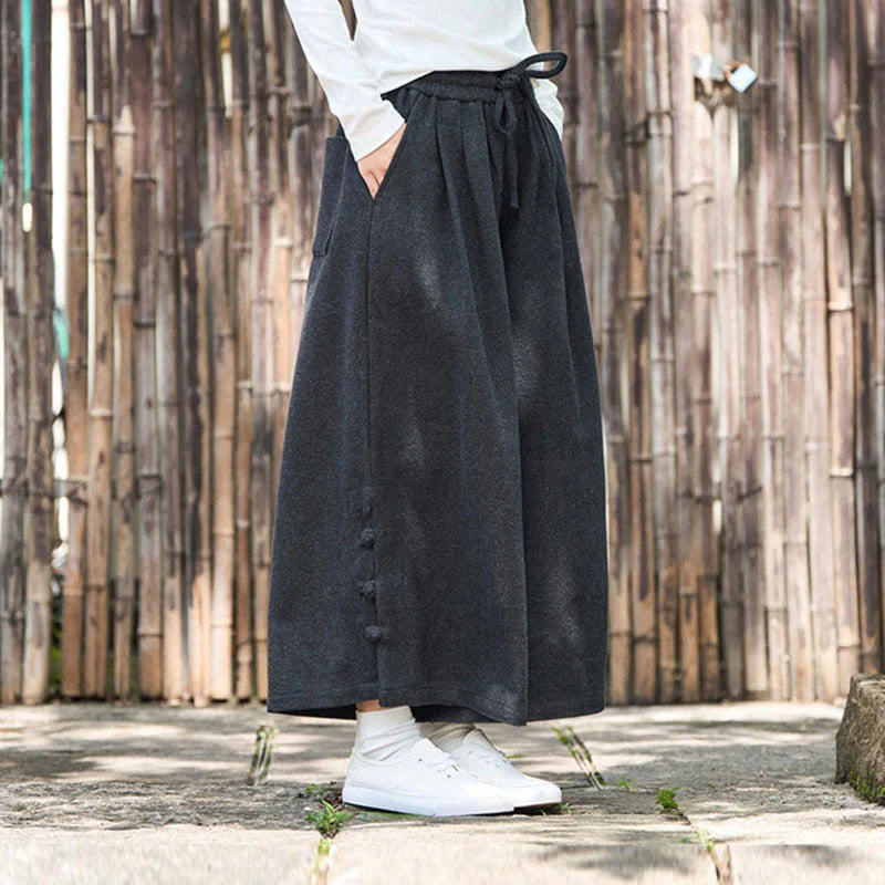 Buddha Stones Winter Chinese Frog-Button Design Corduroy Thermal Men's Wide Leg Pants With Pockets